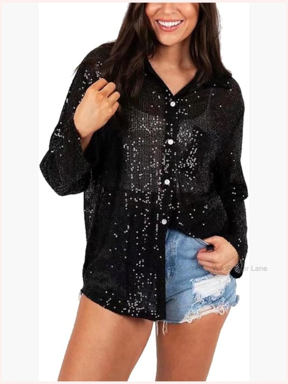 Sequin Button Down Long Sleeve Sparkle Blouse with Pockets